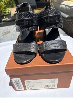 Coach Black Snake-Embossed Open-Toe Ankle Strap Heels